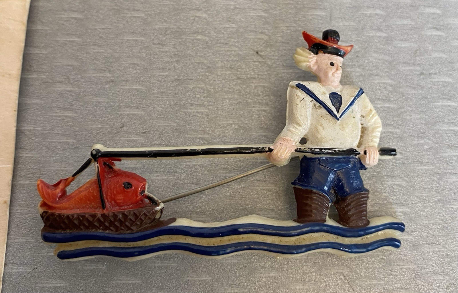 Vintage Celluloid Plastic Brooch Lot French Fisherman and Maine Red Lobster