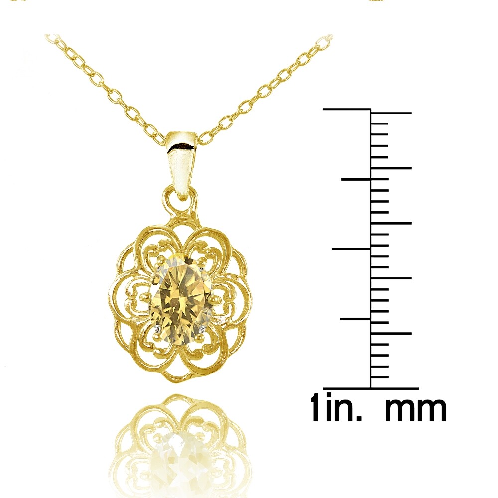 Yellow Gold Flashed Sterling Silver Citrine Filigree Oval Flower Necklace