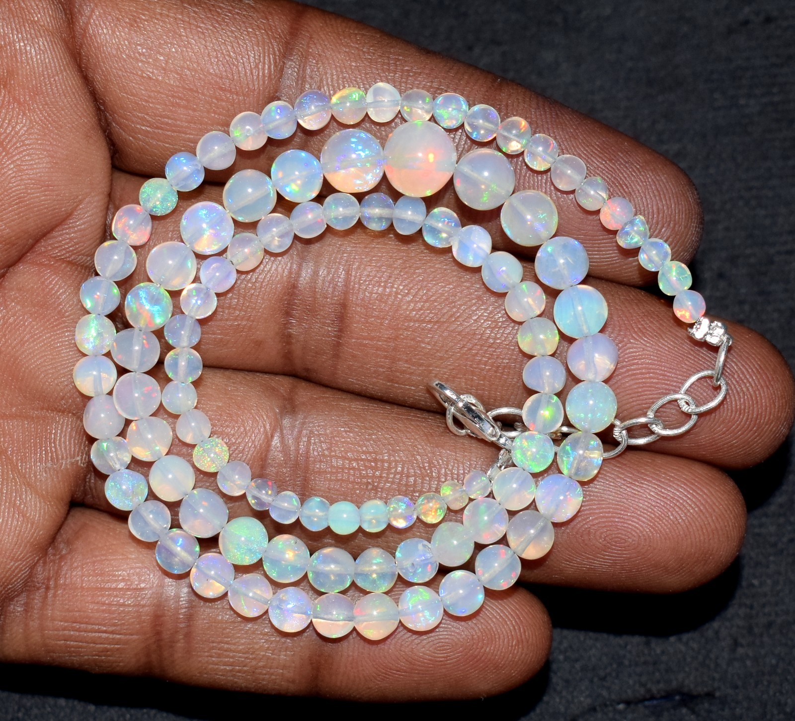 16″Natural Ethiopian Opal Welo Fire Opal Gemstone Round Bead Necklace A0589