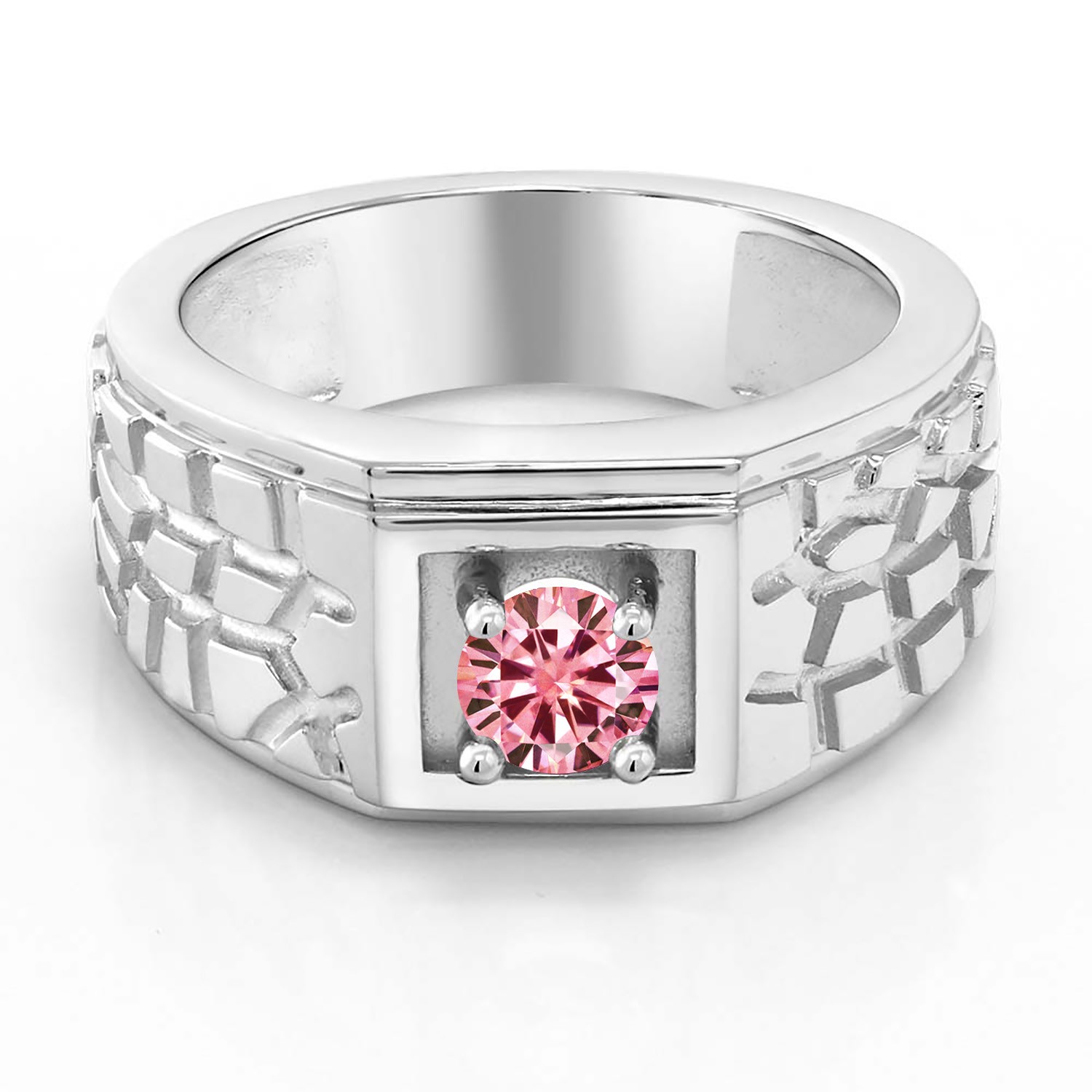 925 Sterling Silver Men’s Ring Round Pink Moissanite 0.50ct DEW