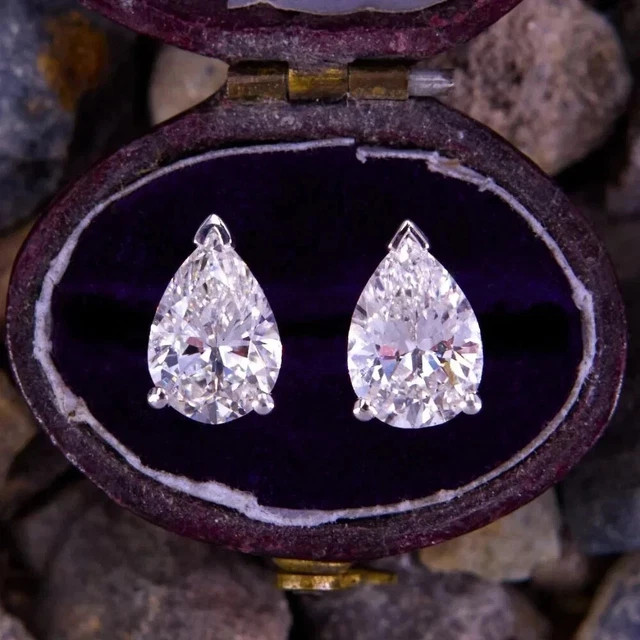 3CT Pear Cut Solitaire Lab Created Diamond Stud Earrings 14k White Gold Plated