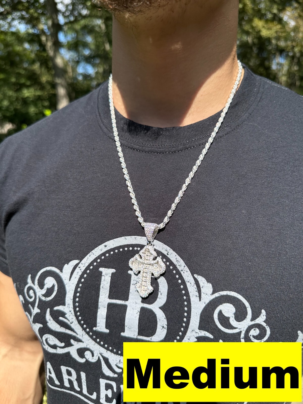 MOISSANITE Gothic Cross Pendant Iced Baguette Necklace Real 925 Silver – 3 Sizes