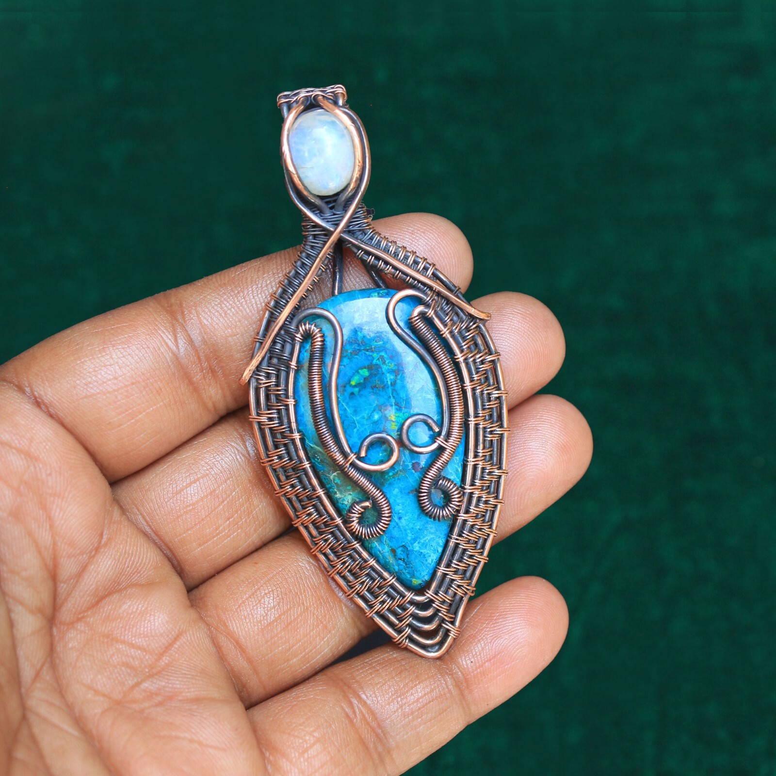 Moonstone Evil Eye Chrysocolla Pendant Copper Wire Wrap Gemstone Jewelry NK575