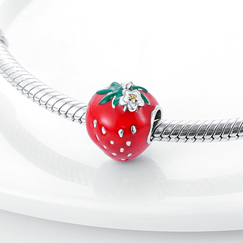 MULA Original Red Enamel Strawberry DIY Charm CZ Fit Bracelet 925 Silver Plated