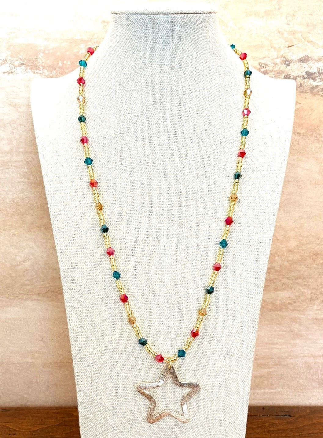 Brushed Gold Star Necklace with Red, Green & Gold Beaded Crystals – NEW