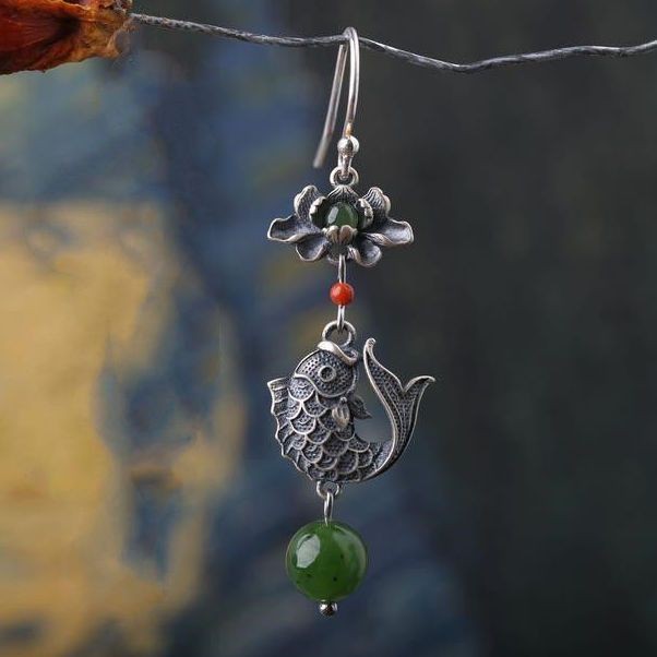 Koi Fish Lotus Earrings Chinese Style Silver-Plated Women’s Earrings
