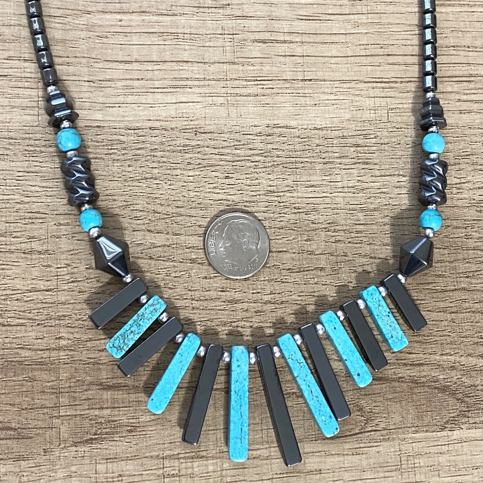 Vintage Turquoise Blue Dyed Gemstone Bib Necklace Carved Polished Shiny Fringe