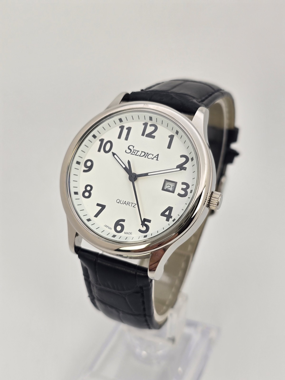 Crepha SELDICA Men’s Watch Made in Japan Easy Reader Black Leather Strap