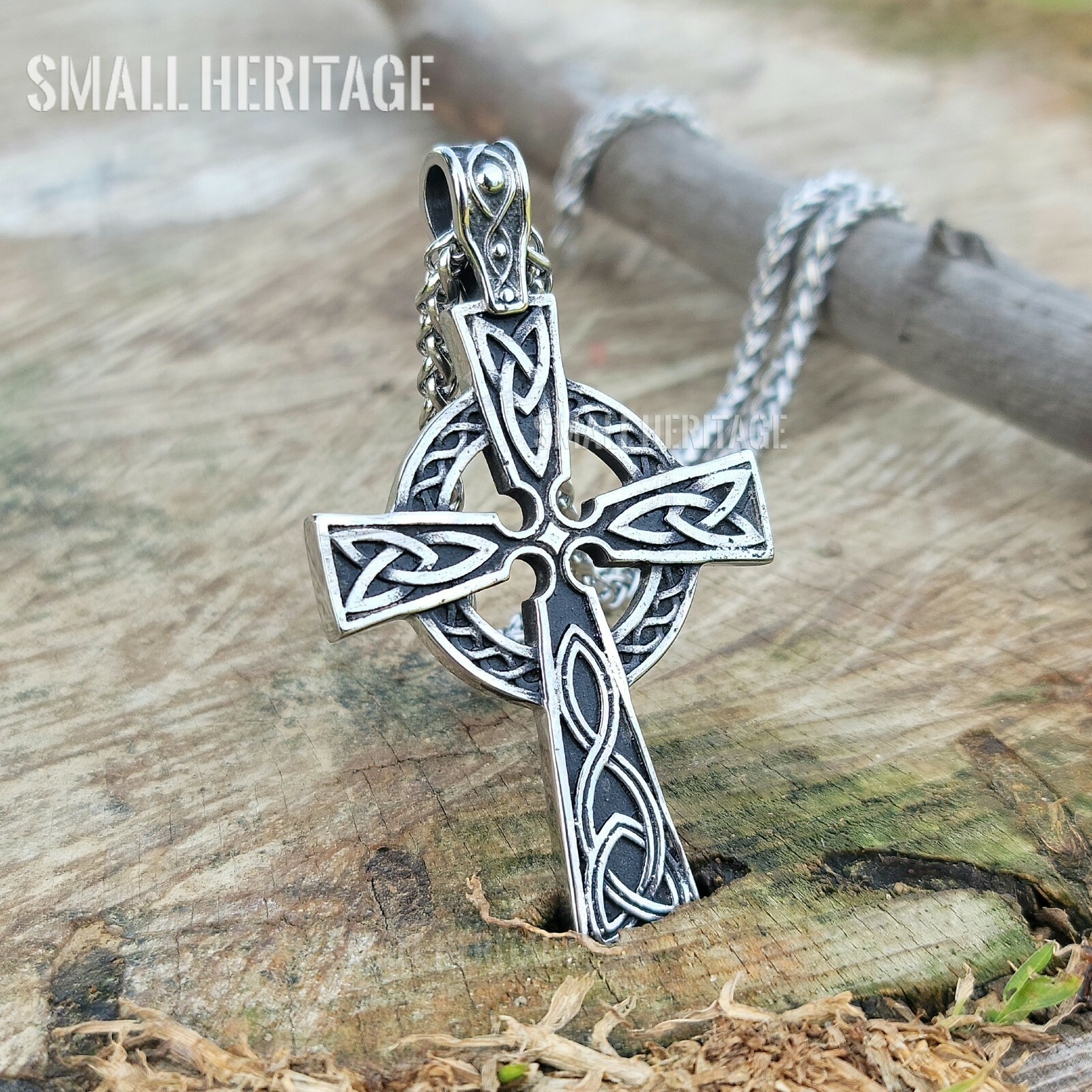 Stainless Steel Irish Celtic Cross Necklace Norse Viking Knot Large Pendant Men