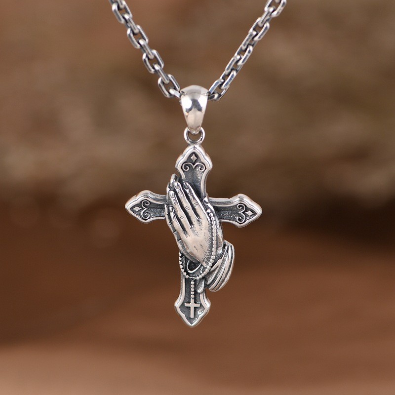 S925 Sterling Silver PRAYING HANDS CROSS Pendant REVERSIBLE Rosary Gothic Mens