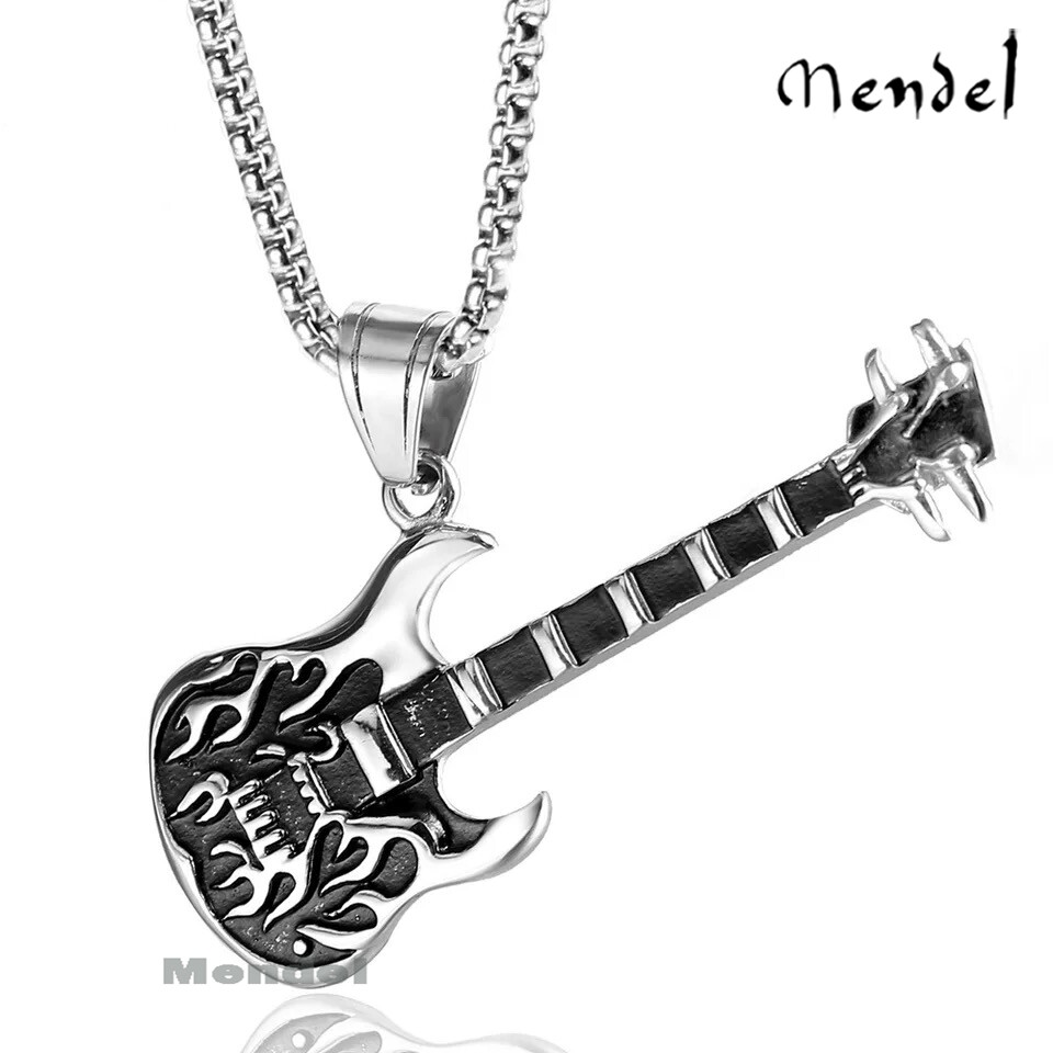 MENDEL Mens Rock N Roll Guitar Necklace Pendant Cool Biker Music Stainless Steel