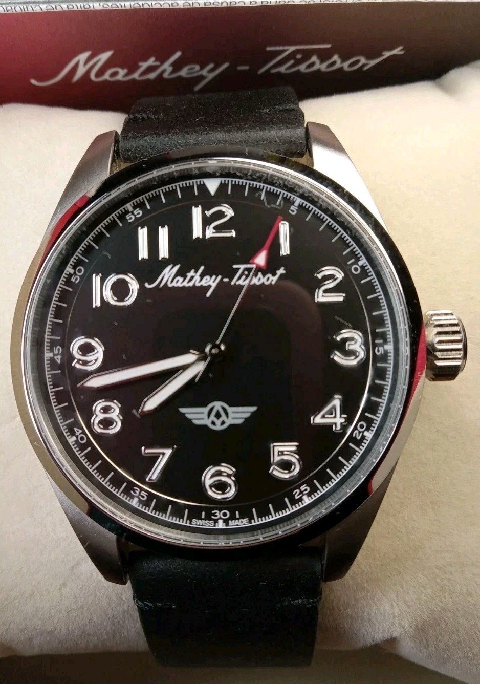 Mathey-Tissot Heritage Quartz 42mm Black Sapphire Crystal SS Lumed Swiss Watch
