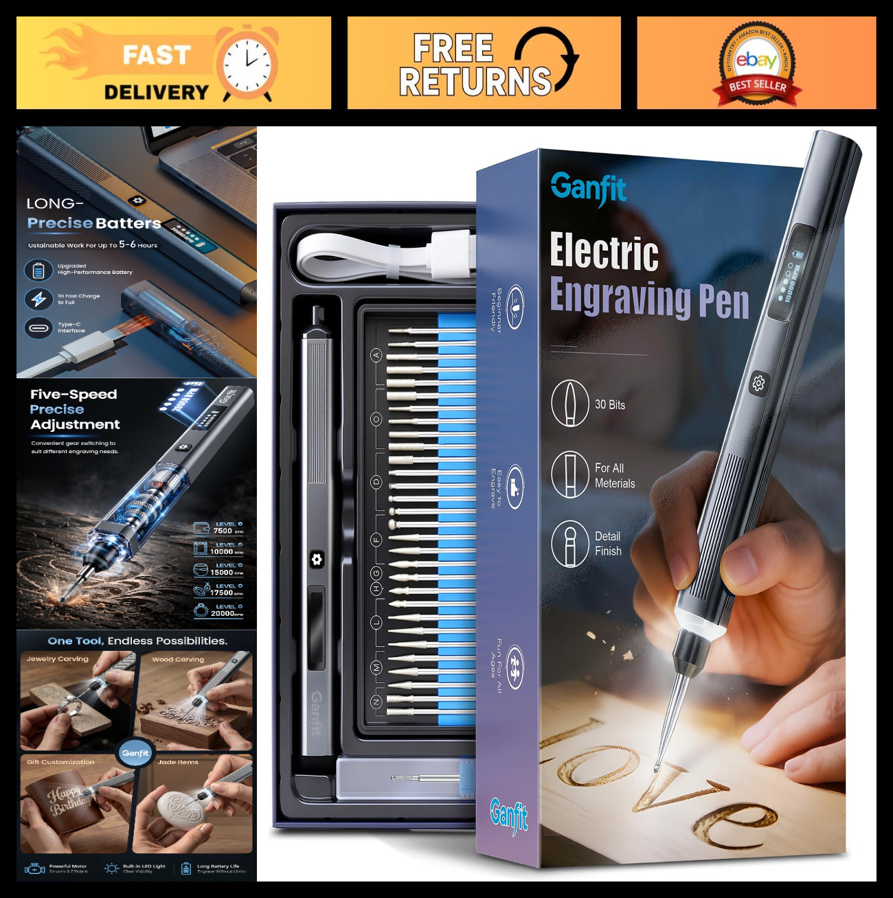 Cordless Engraving Pen for Metal, Wood, Glass & Plastic – 5-Speed Tool, LED Ligh