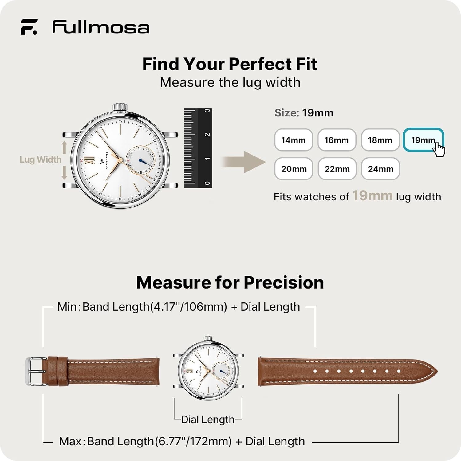 Versatile 19mm Brown Leather Watch Strap with Quick Release for Easy Fit