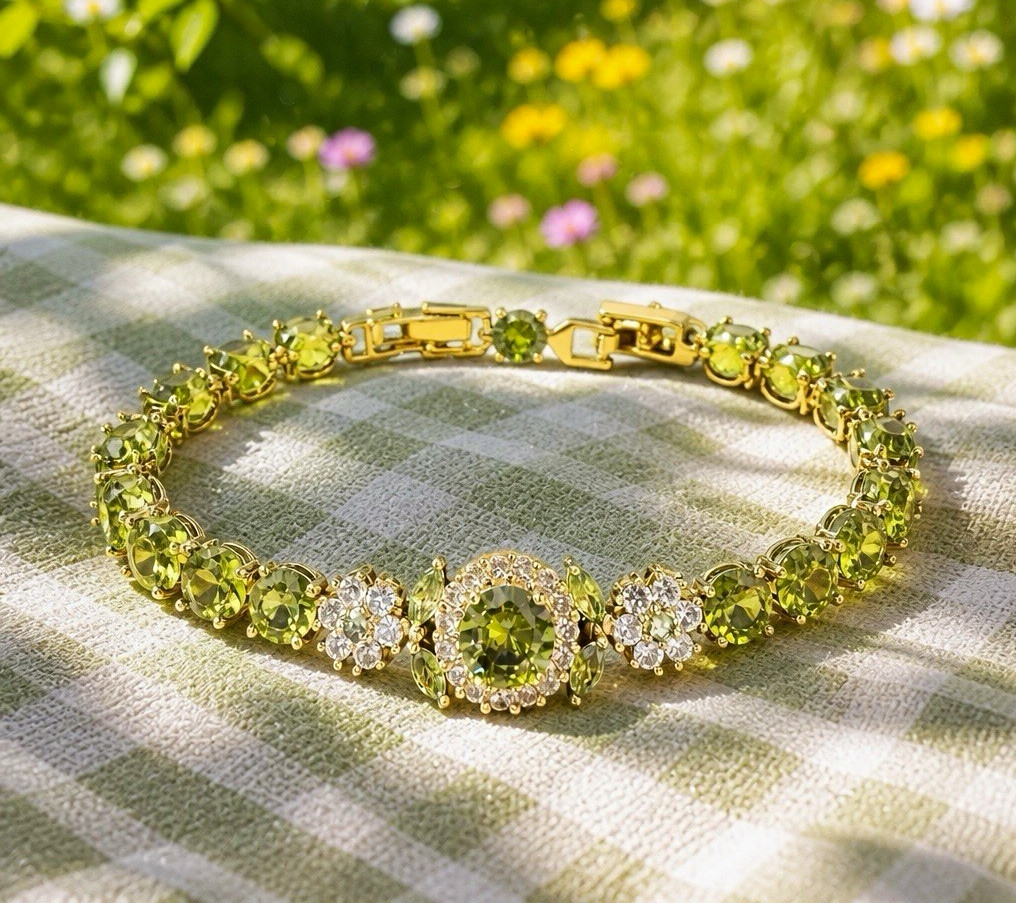 Yellow Gold Plated Green Round Stone Tennis Bracelet with Lobster Clasp