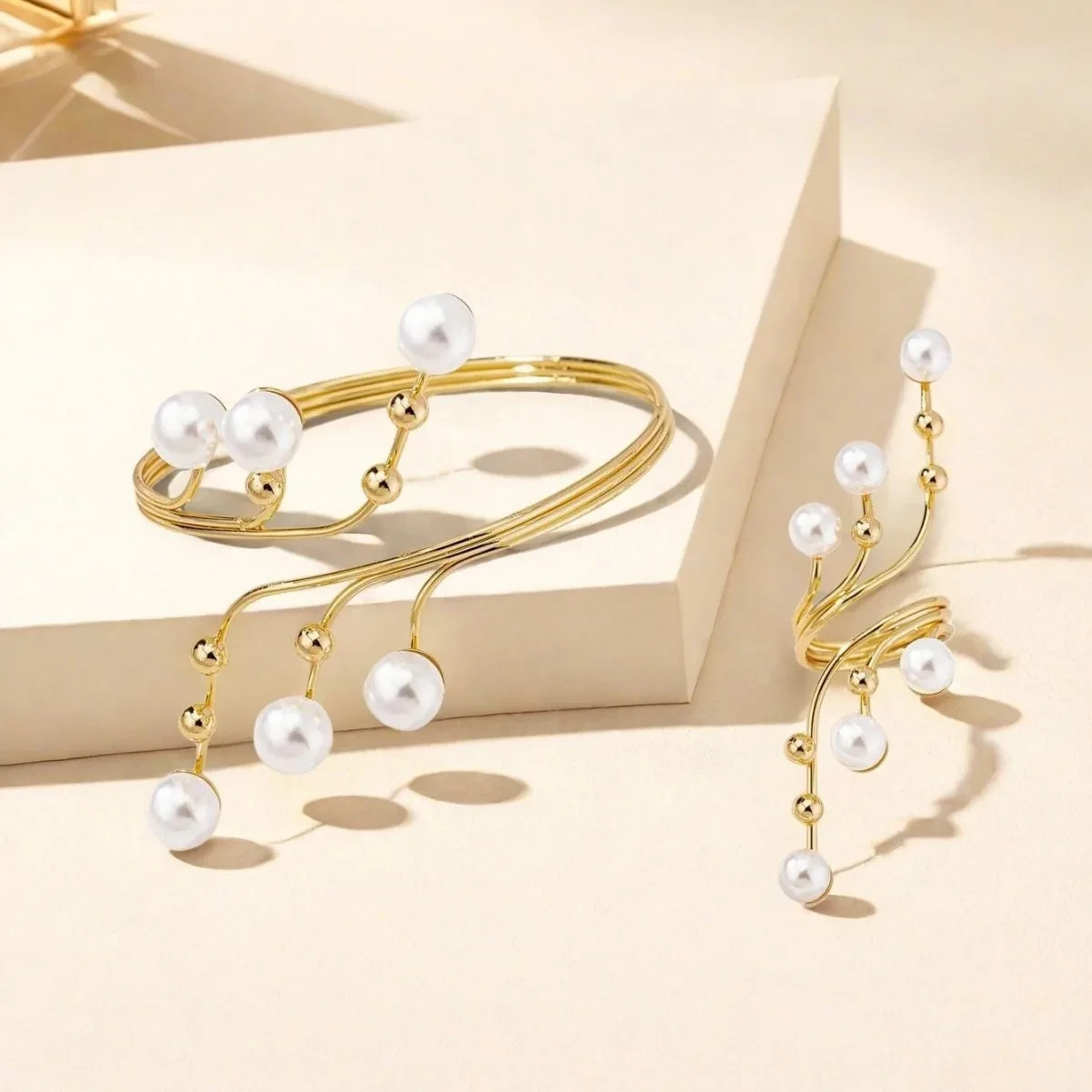 Geometric Imitation Pearl Ring Bracelet Set for Women Girls Fashion Jewelry