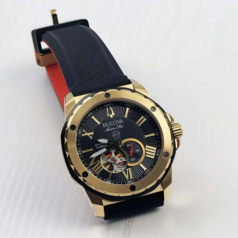 Bulova Marine Star A 98A272 Men’s Automatic Watch Black Gold Dial Silicone Strap
