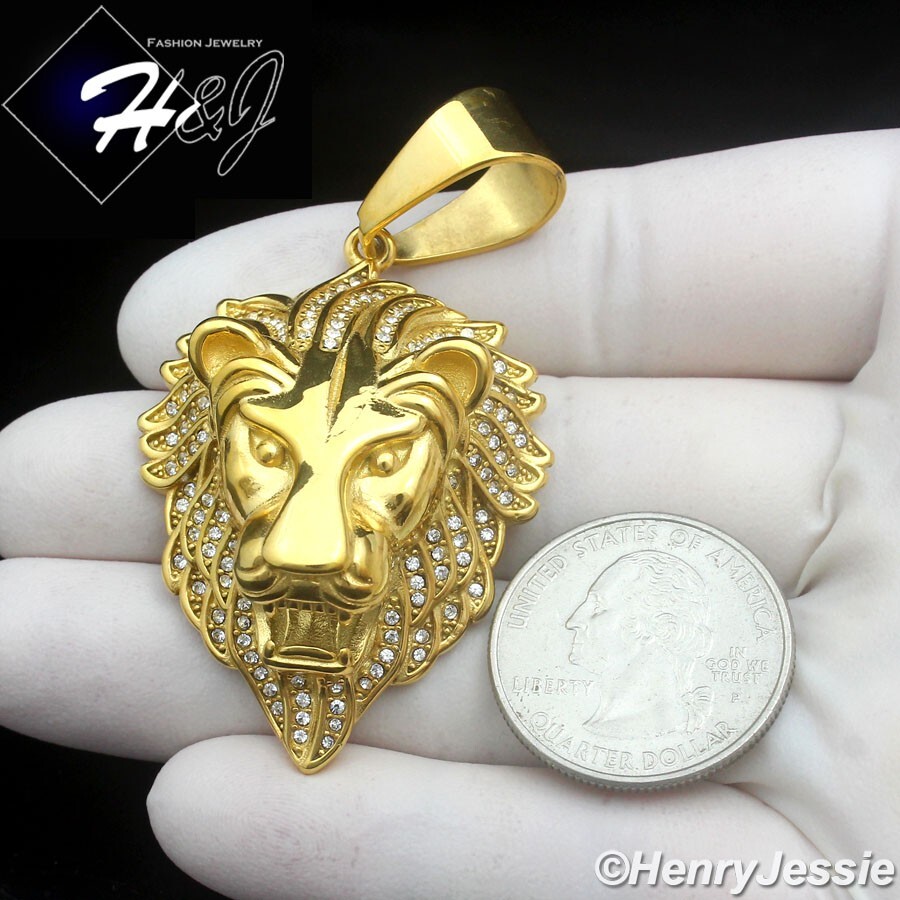 MEN’s Stainless Steel ICY Bling CZ 3D Gold Plated Lion Face Pendant*GP147