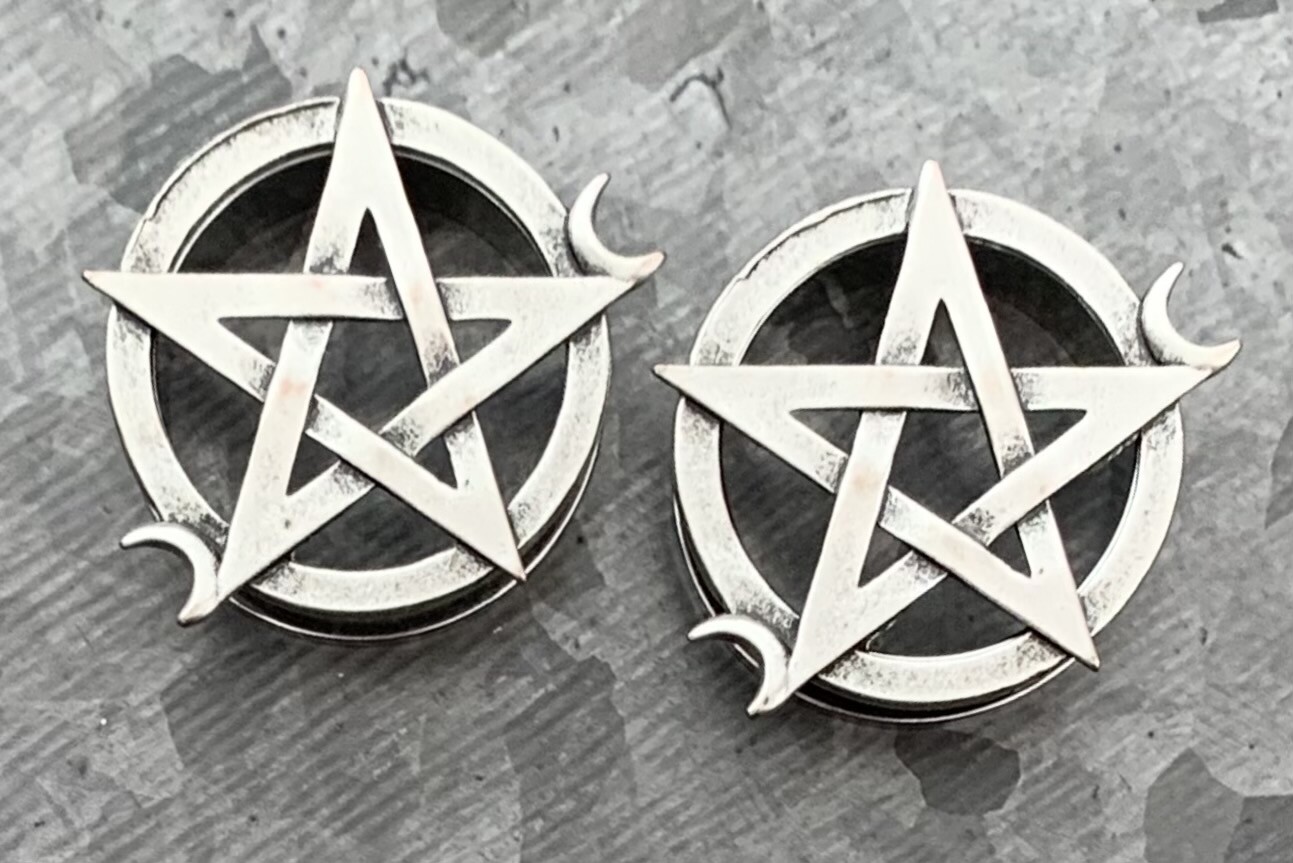 PAIR Pentagram Steel Screw Fit Tunnels Plugs Star Moon Wiccan Earlet Gauges