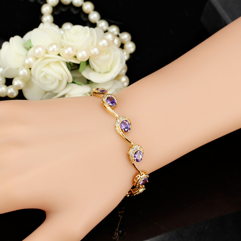 Silver Plated CZ Blue Rhinestone Oval Shape Bracelet Women Gold Color Jewelry