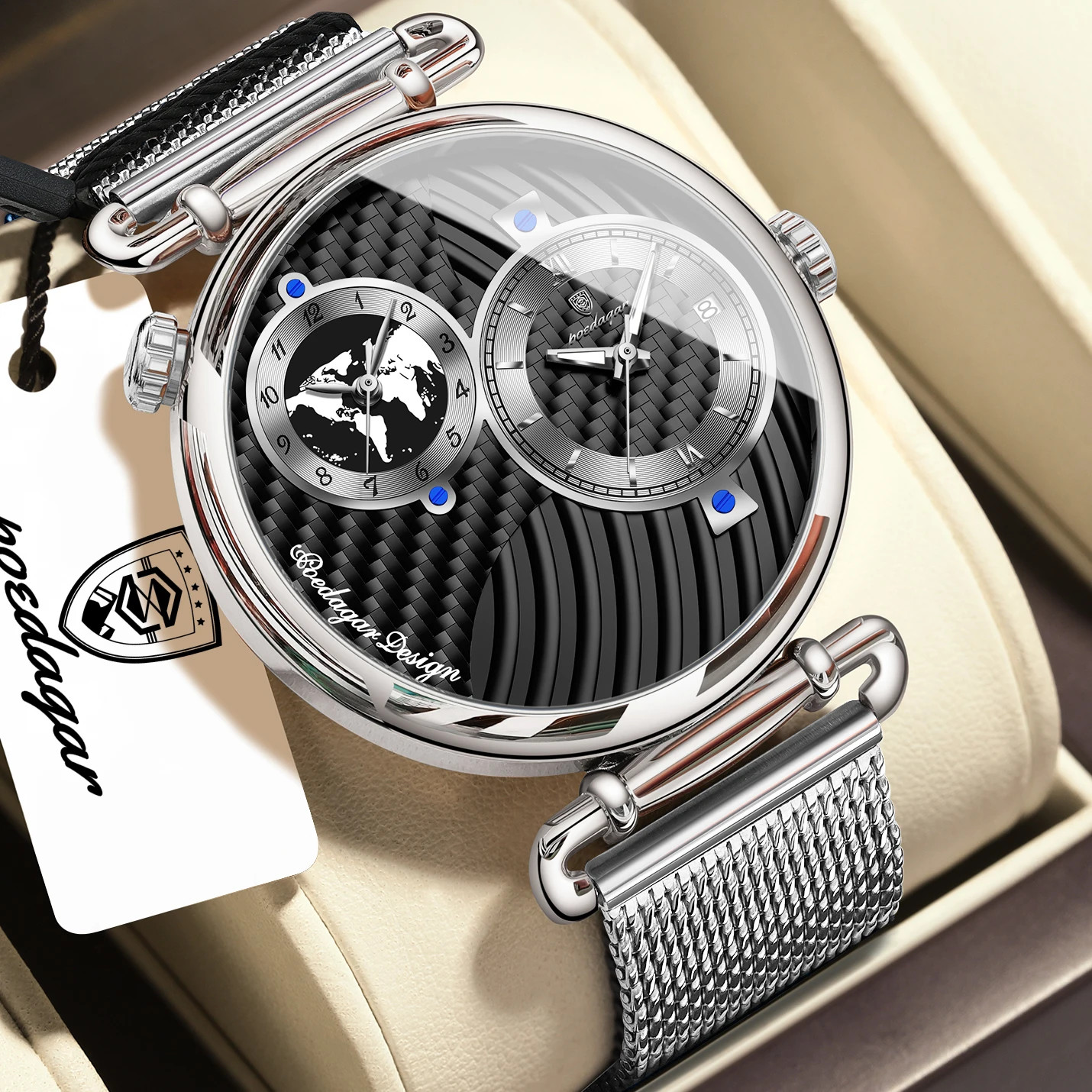 POEDAGAR Sport Man Wristwatch Multiple Time Zone Display Waterproof