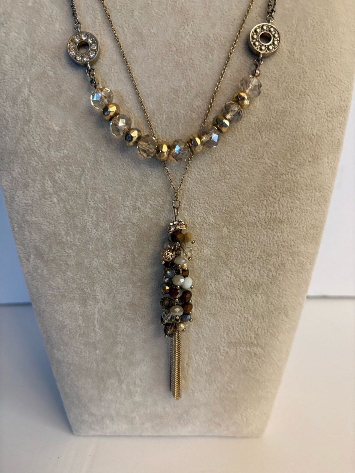 Gold Crystal Necklace Set Rhinestone Pave Disc & Beaded Tassel Necklace