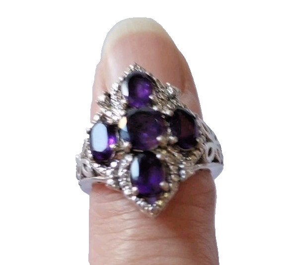 Vintage STS Karis Gothic Cross Amethyst Ring,Silver Tone Cocktail Ring Size 6.5