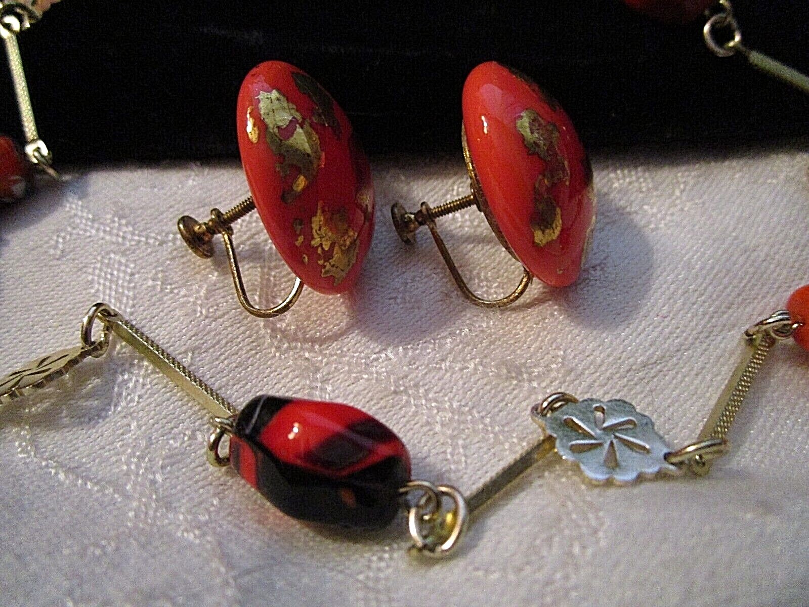 FAB VINTAGE Non-Identical ART GLASS NUGGET BEAD NECKLACE 1″ BAR LINKS + EARRINGS