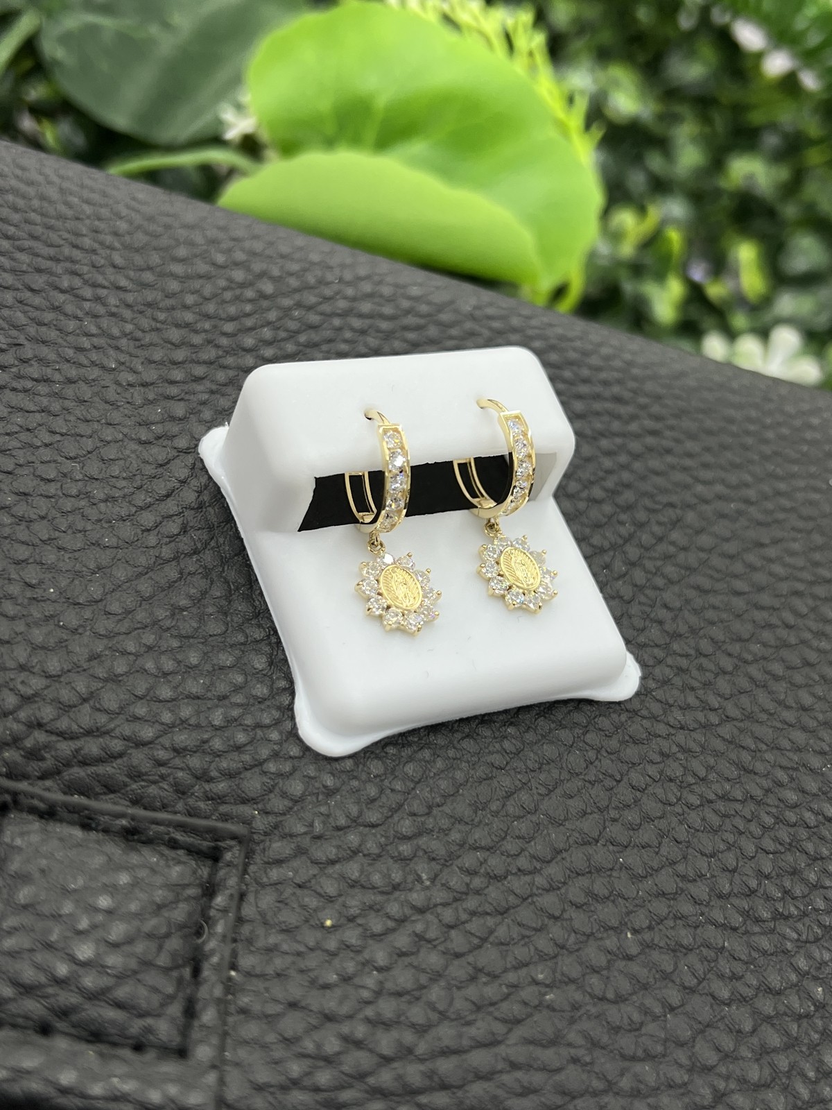 14K Yellow Gold CZ Huggies Virgen de Guadalupe Earrings 24x12mm Elegant Gifts