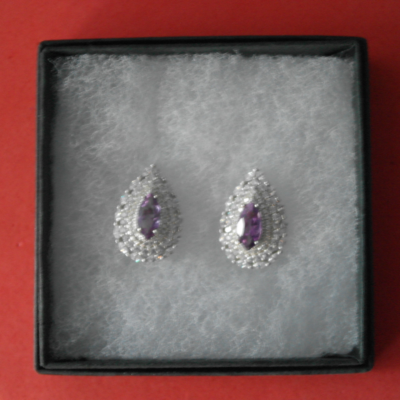 IMPRESSIVE! NATURAL! 4 X 10 mm. PURPLE AMETHYST & WHITE CZ..925 SILVER EARRINGS