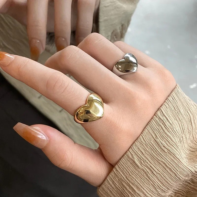 LATS Silver LOVE Heart Ring Simple Smooth Korean Fashion Jewelry for Women