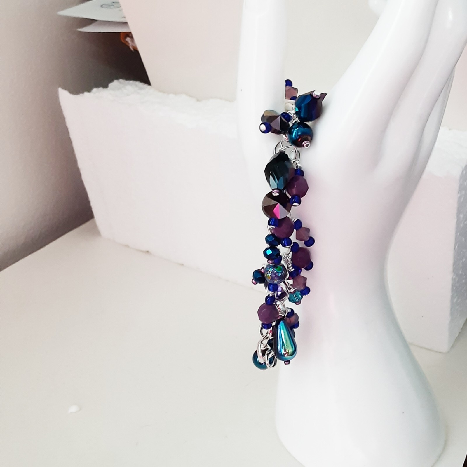 Handmade bracelet upcycled blue purple beads wirework Pat2 sz 6.2