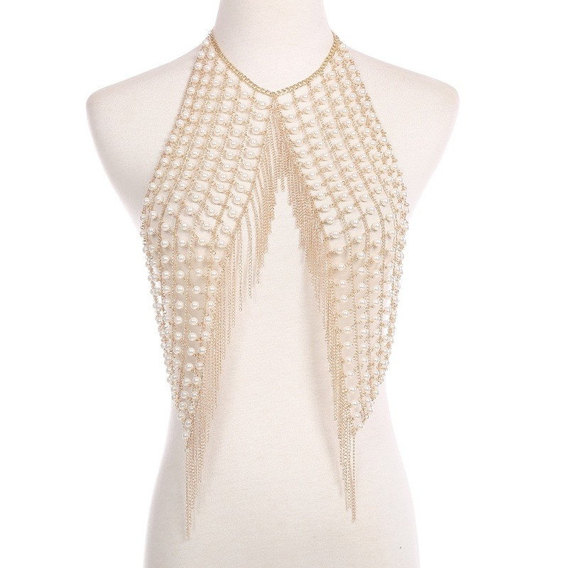 Satin Backless Top With Artificial Pearl Necklace And Fringe