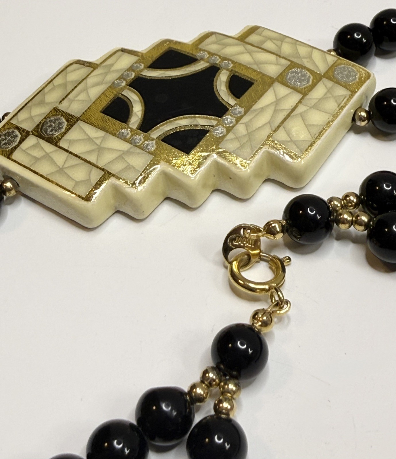 Vintage Japan Black Bead Double Strand Necklace Chunky Geometric Art Deco Style