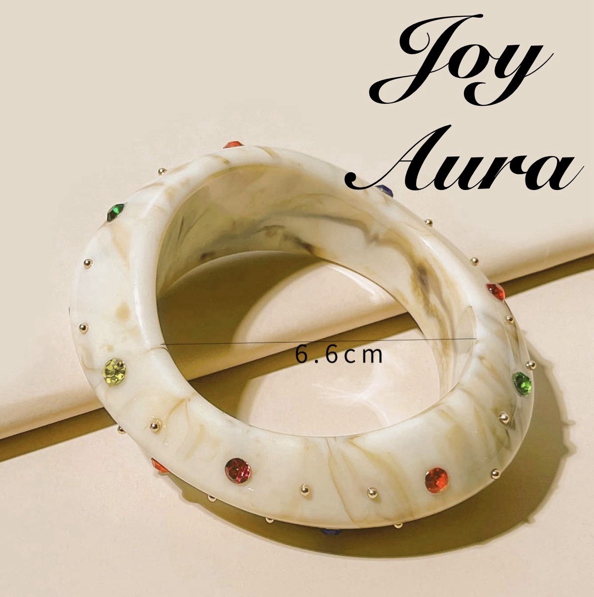 Joy Aura White Resin Bangle Bracelet w/ Round Multicolor Crystals 6.6 cm set