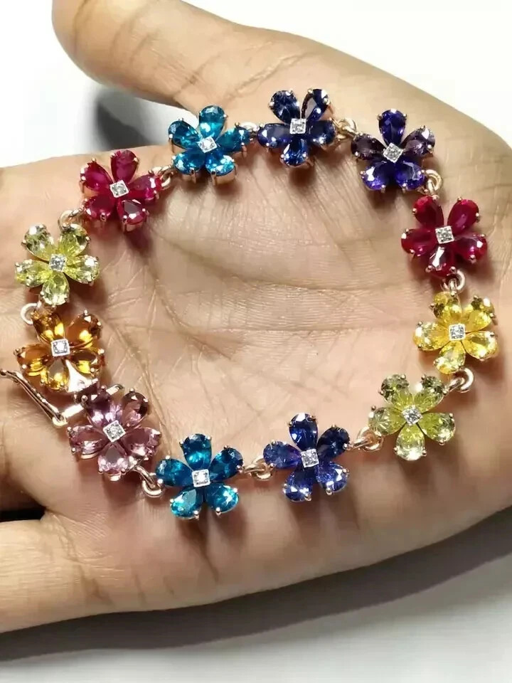 9.55 Ct Simulated Multi-Gemstone Flower 7″ Bracelet 14K Yellow Gold Plated