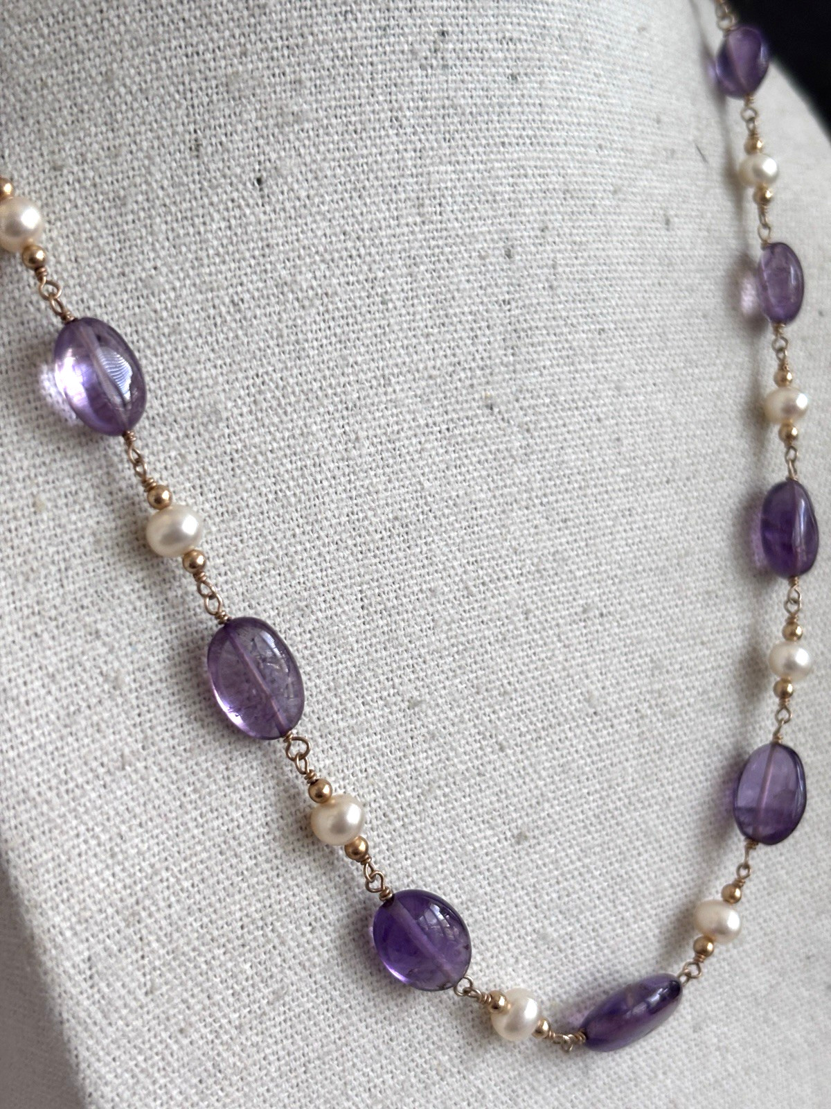 Polished Amethyst And Freshwater Pearl Beaded Necklace 14/20k Gold Filled Clasp