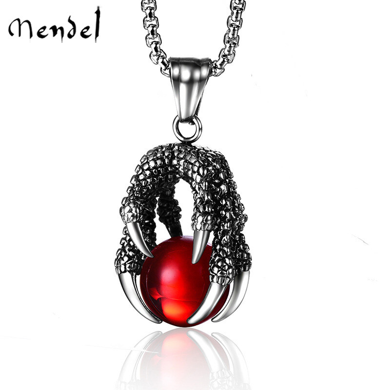 MENDEL Mens Daenerys Red Dragon Ball Claw Necklace Pendant Chain Stainless Steel