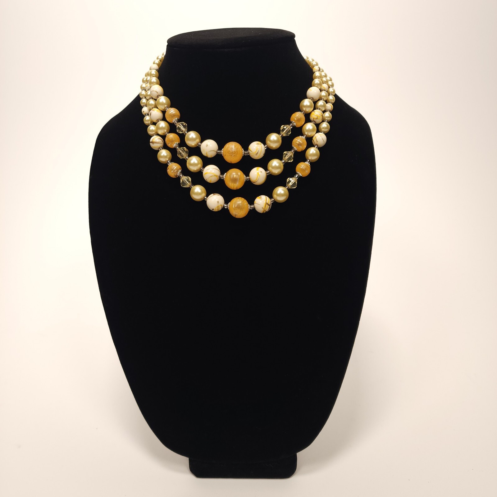 Vintage Beaded Necklace Japan Orange Cream Champagne Swirl Multi Strand Collar