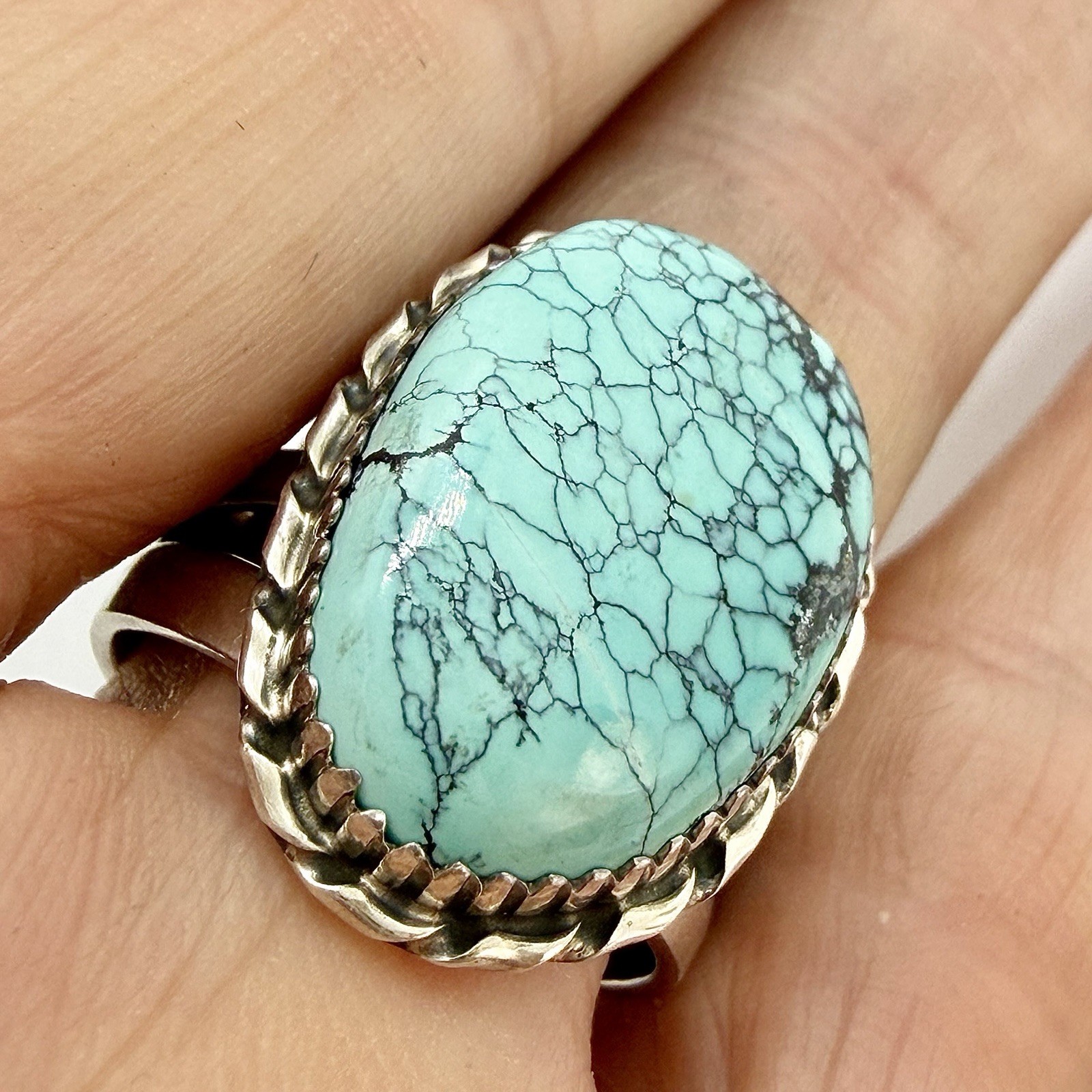 Navajo Natural Spiderweb Golden Hills Turquoise Ring Sz 9.5 Sterling by AJ 9.5g