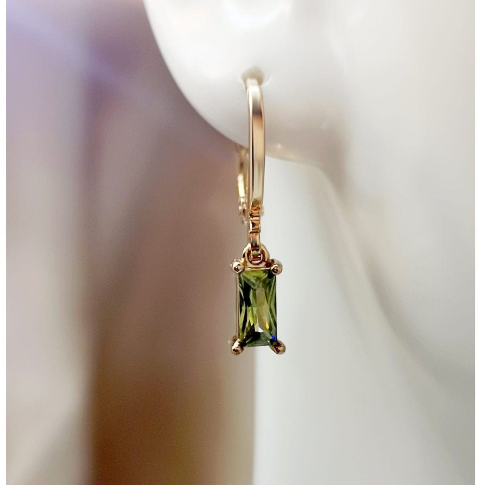Emerald Cut Peridot Green Zirconia Crystal Drop Hoop Earrings Gold Dangle Gemstn