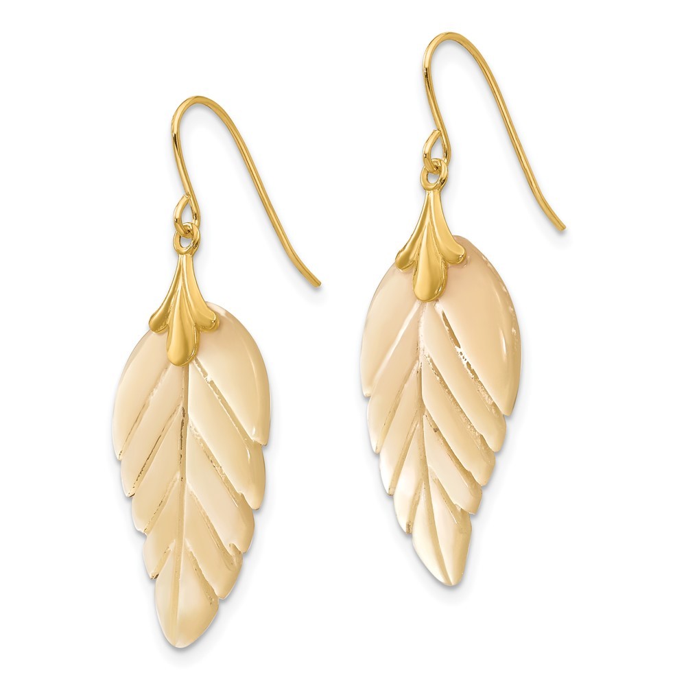 14k Yellow Gold Mother of Pearl Leaf Dangle Earrings For Womens 0.27g