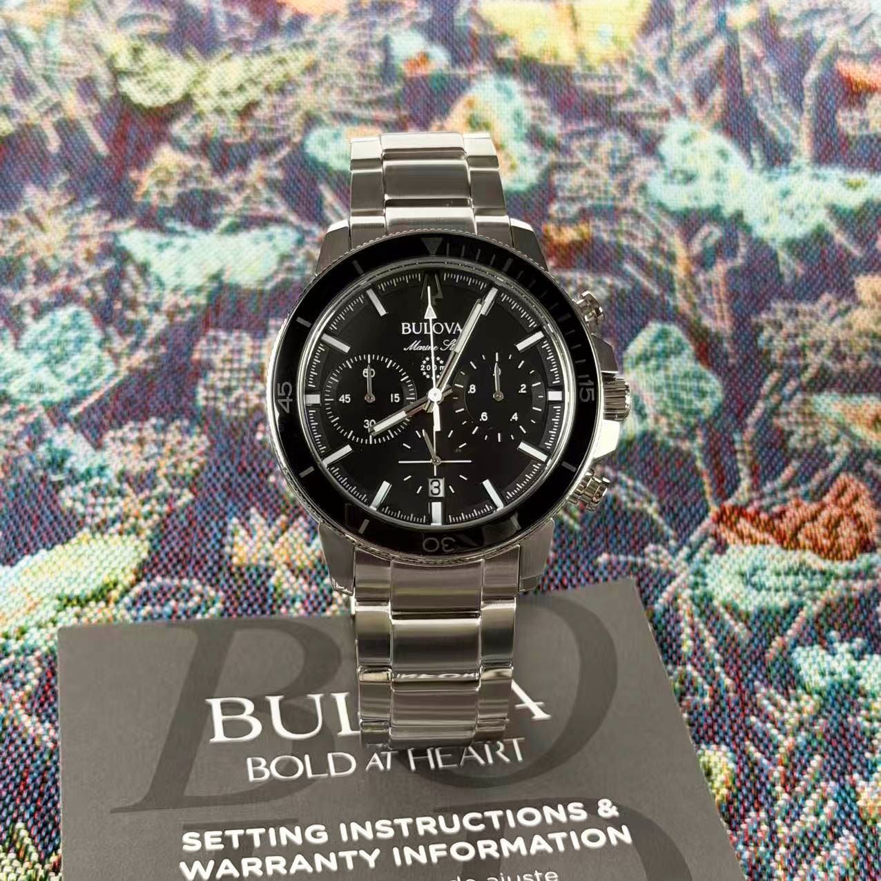 New Bulova Marine Star 96B272 Black Dial Men’s Chronograph Quartz Watch 45mm