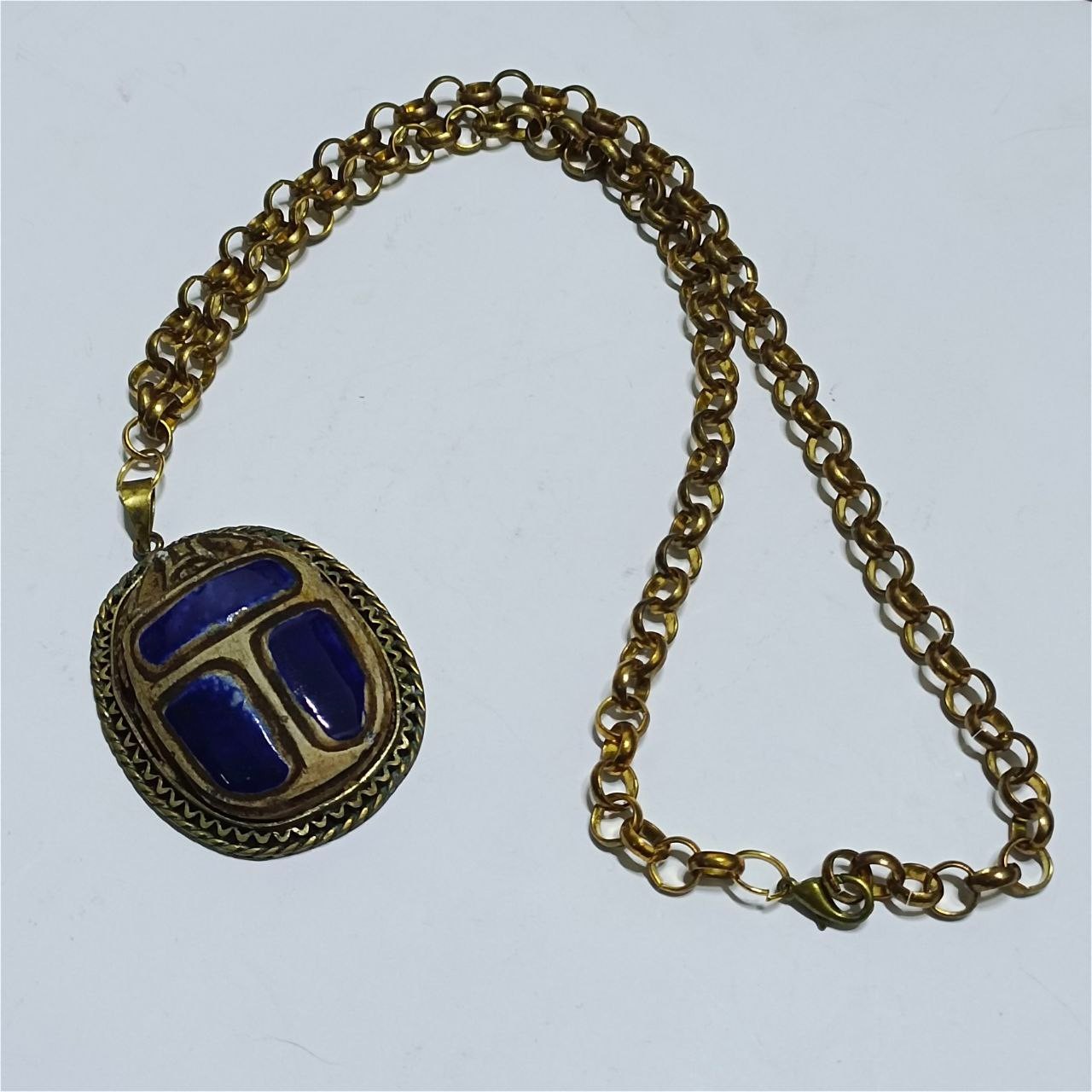 Vintage copper necklace with blue scarab pendant, ancient Egyptian style unique