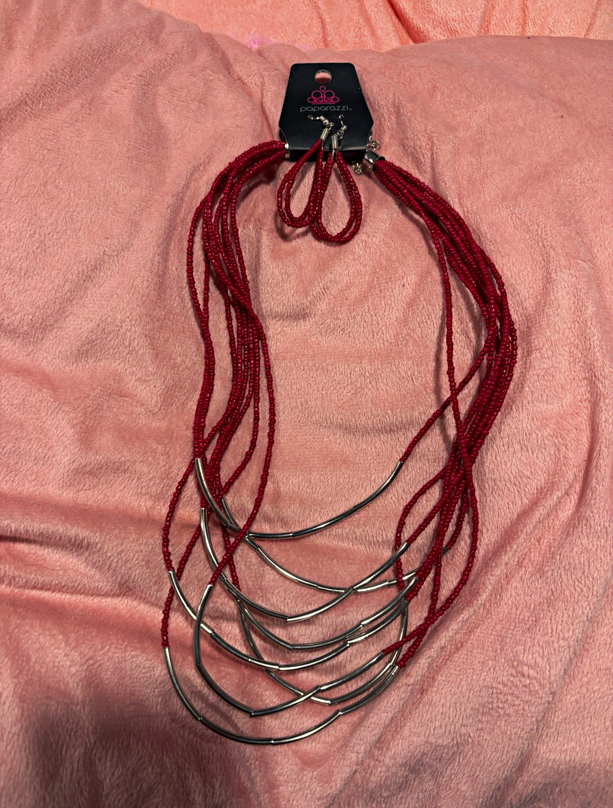 Paparazzi Red Beaded Layered Statement Necklace Silver Tone Lobster Clasp