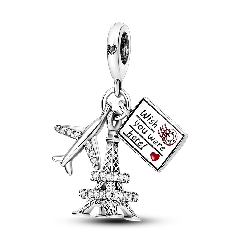 MULA Original 925 Sterling Silver Airplane Eiffel Tower Charm CZ Fit Bracelet
