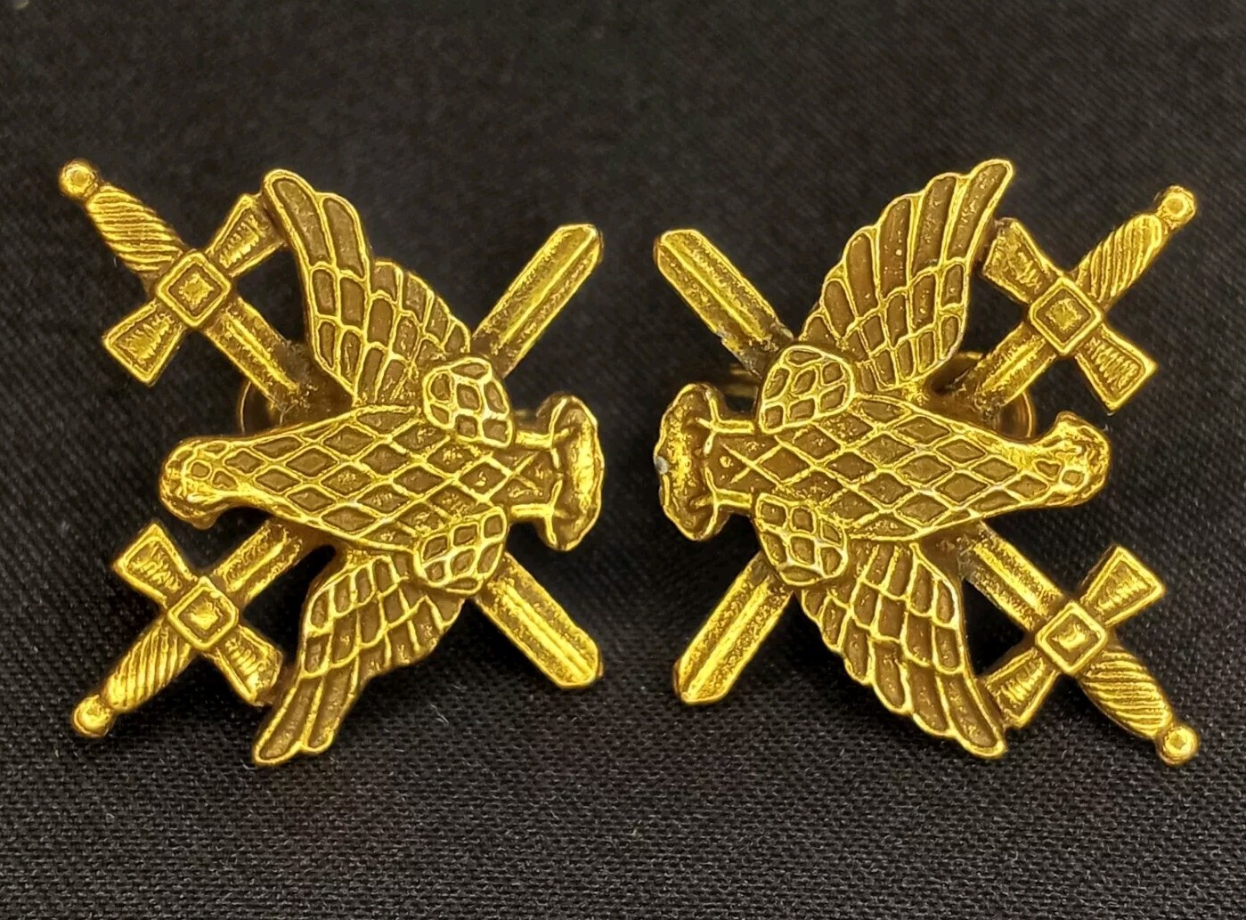Large Vintage Earrings Sword Shield Crown Eagle Pin Military Style Gold Tone