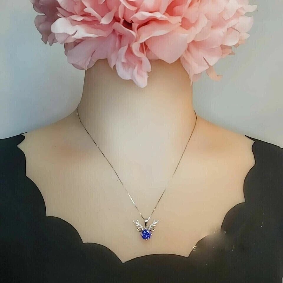 Round Simulated Blue Sapphire Stunning Women’s Pendant 14K White Gold Plated