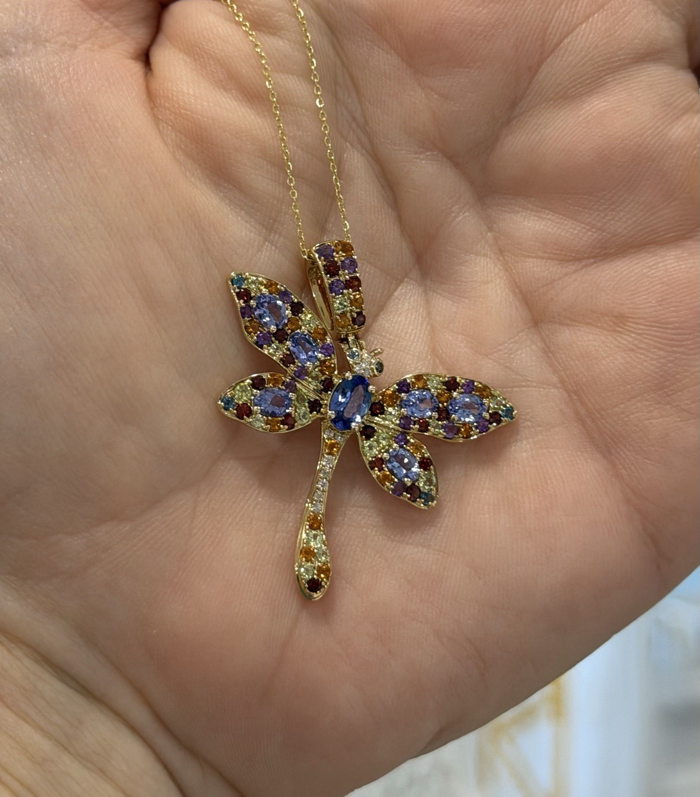 14kt Y/Gold Multi Gemstone & Diamond Dragonfly Necklace, 3.22cttw, 16-18”