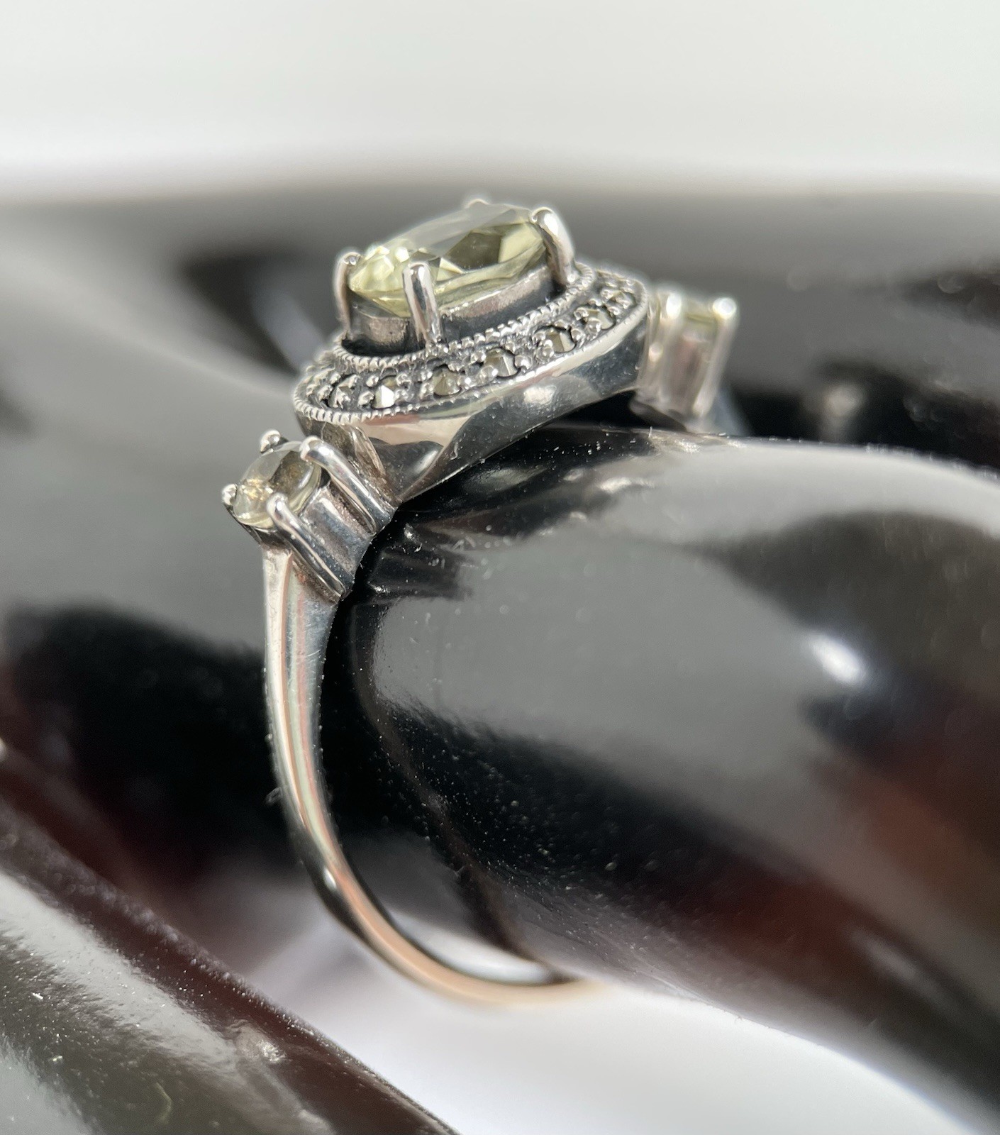 Sterling Silver Ring 925 ACI Green Prasiolite Marcasite Halo Size 9 Statement